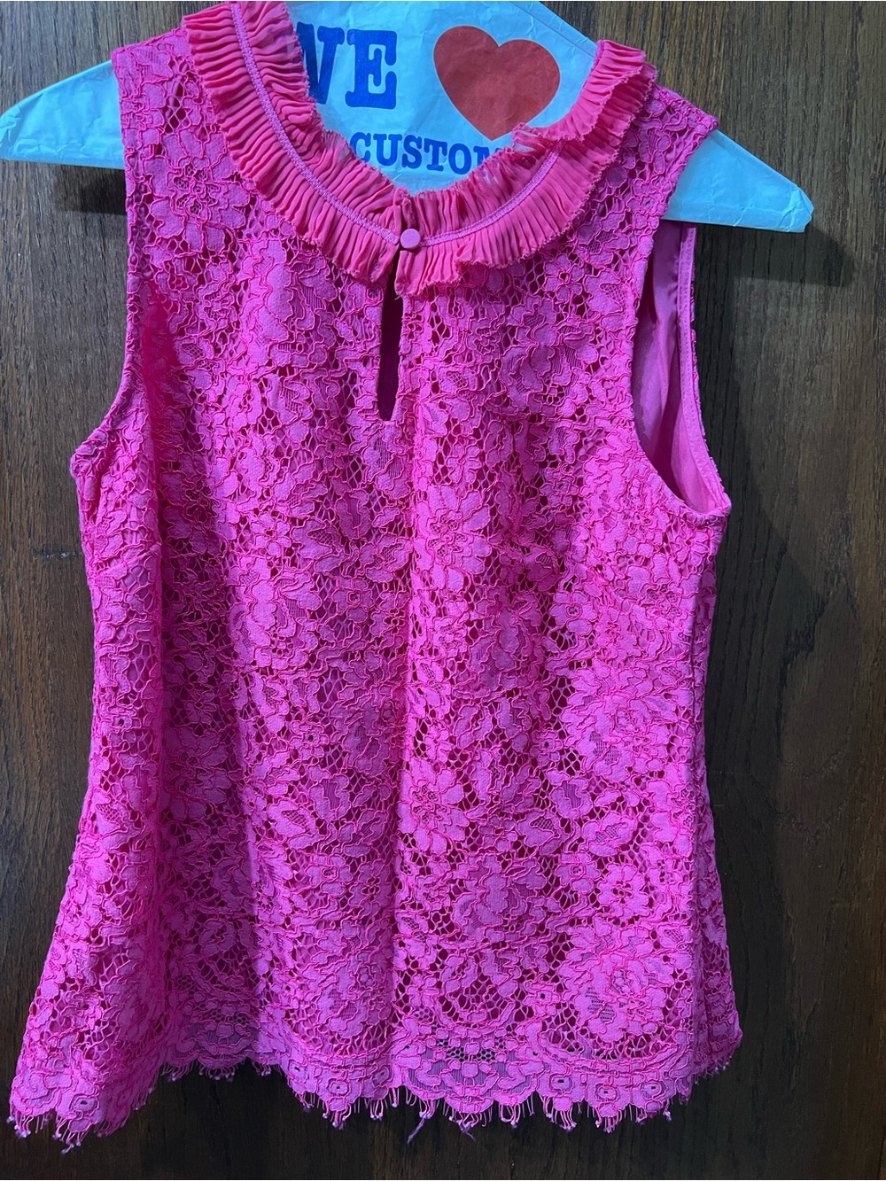 J. Crew Bright Pink Floral Lace Sleeveless Ruffle-Neck Top